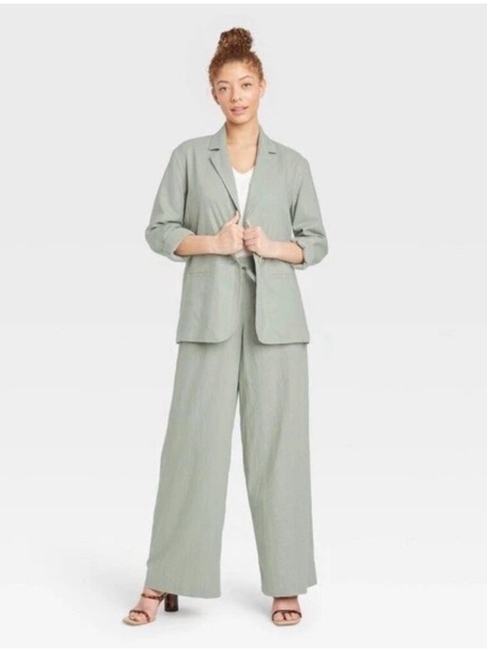 Sage Green Linen- Blend Blazer & Pants Set -M Blazer / L Pants Summer Spring